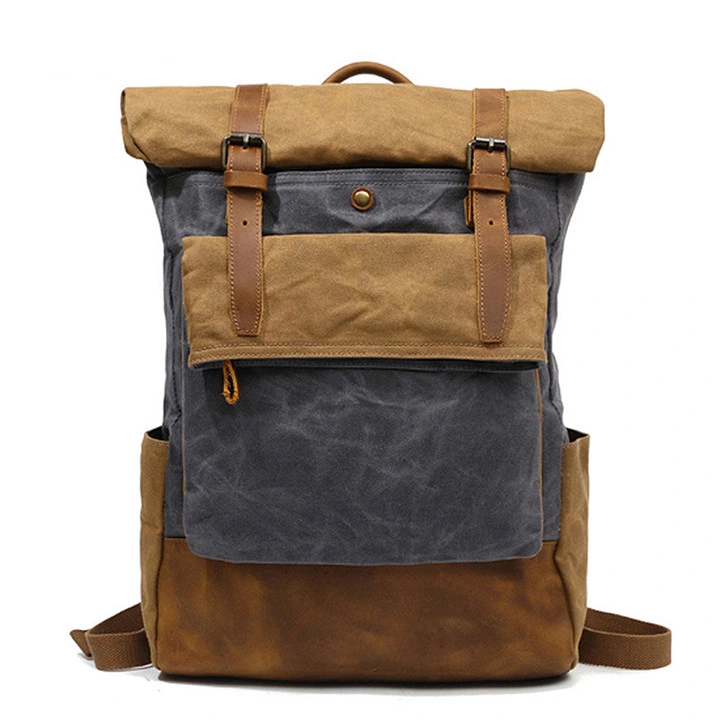 Ga48 Vintage Classic OEM Mountaineering Military Sport Mens Backpacks Bag Hiking Rucksack Travel Waterproof Roll Top Genuine Leather Canvas Backpack