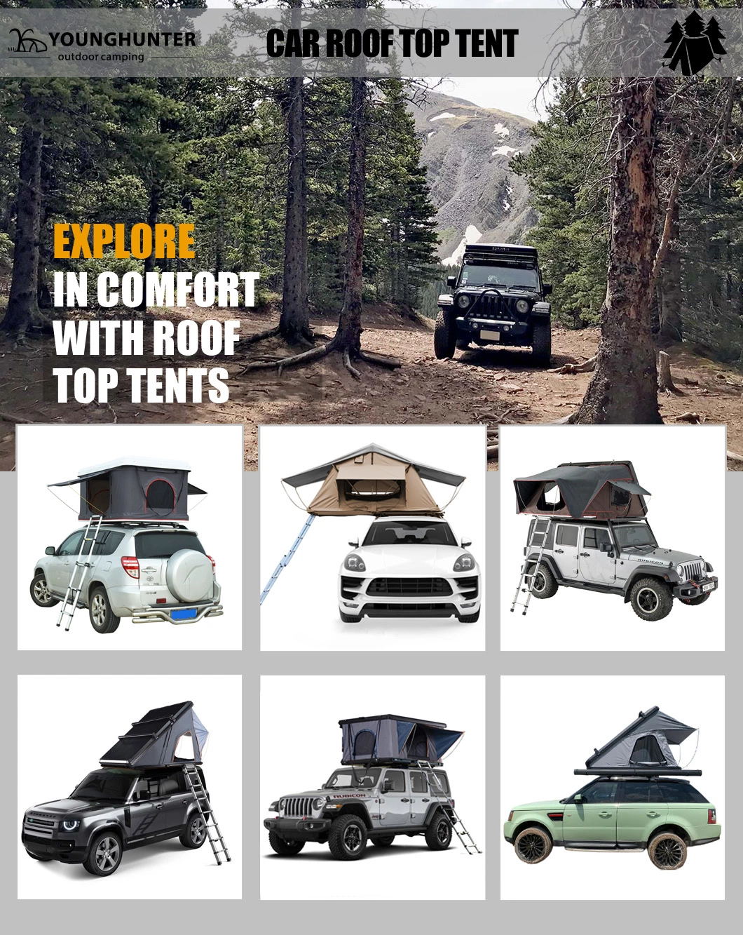 Younghunter Overland Car Multi Angle Awning Pop up Aluminum Triangular Hard Top Roof Top Tent