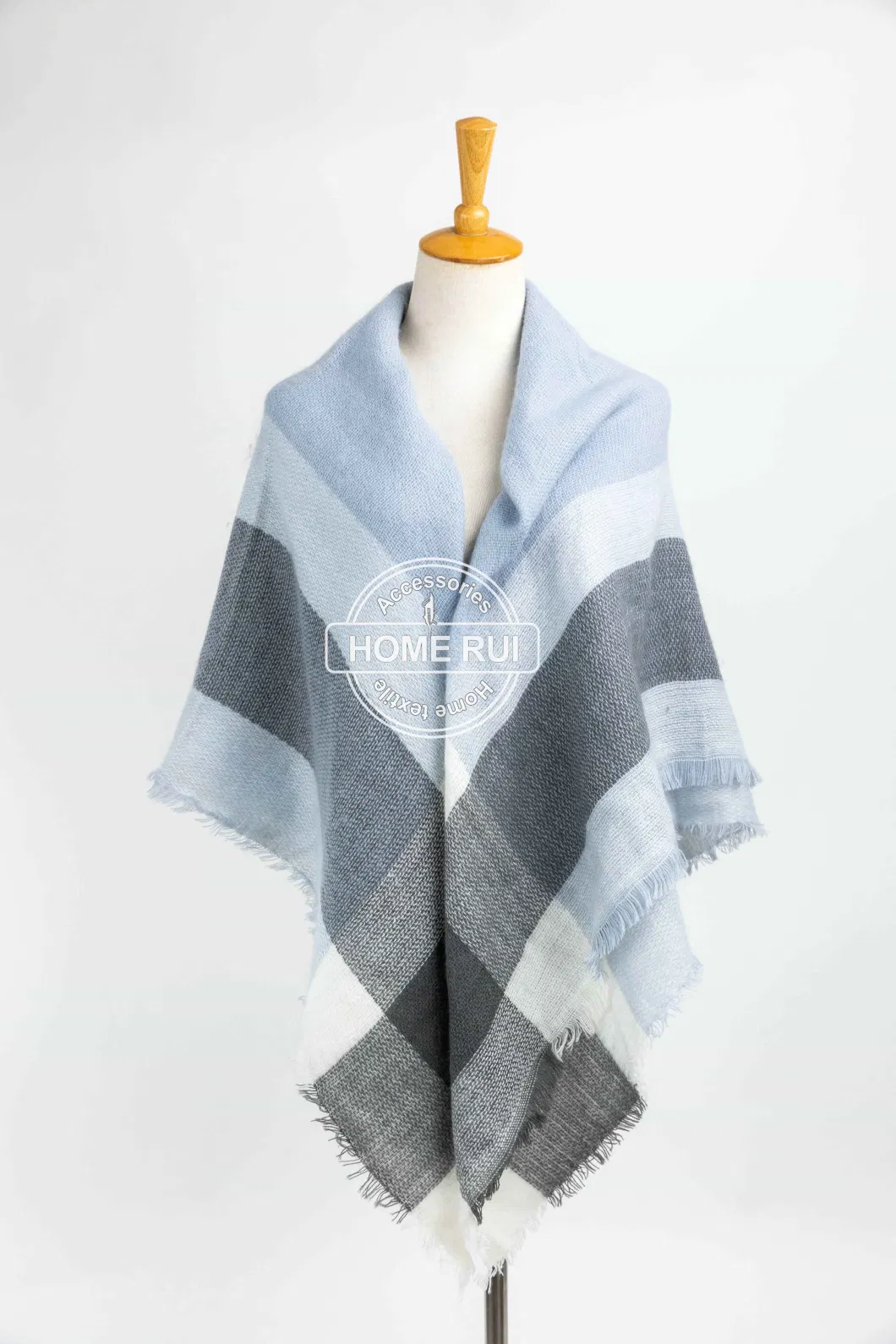 Wholesaler Outerwear Apparel Accessory Unisex Spring Winter Blue Acrylic Fringe Checks Grid Tartan Pashmina Windowpane Headwear Oversize Blanket Scarf Shawl