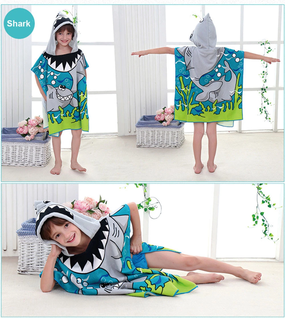 Wholesale Polyester Quick-Dry Shark Mermaid Beach Bath Towels Hooded Poncho for Children and Kids