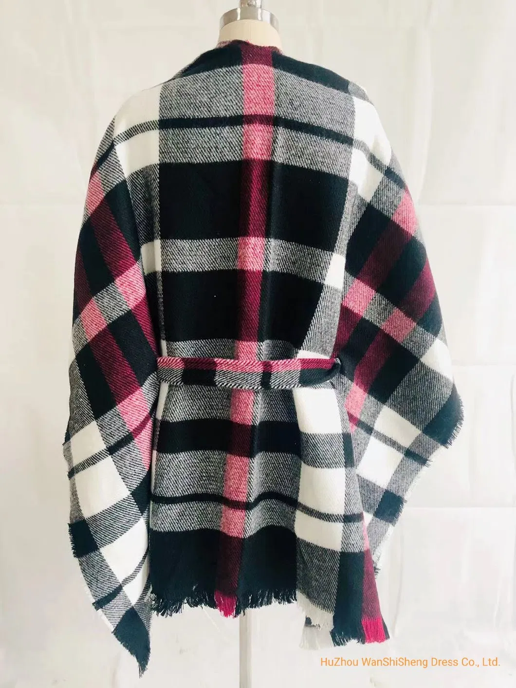 Fashion Plaid Shawl Ladies Winter Check Patten Poncho/Ruana/Warp/Cape with Belt