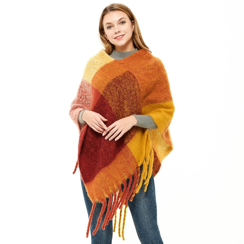 Stylish Warm Ladies Plaid Poncho Shawl Cape with Tassel