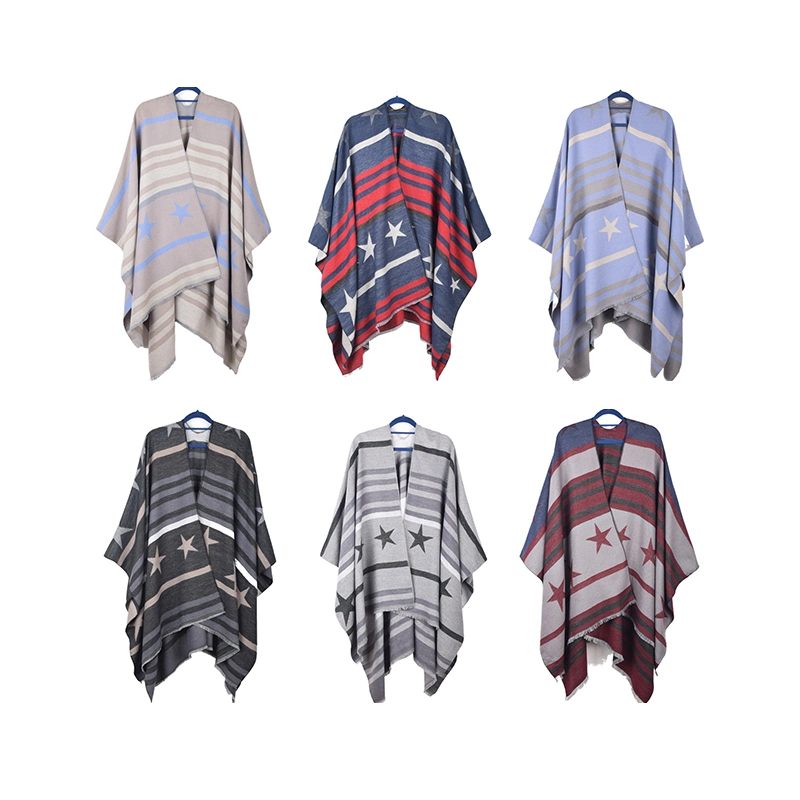 Red Star Striped Open Front Poncho Shawls Wrap Knitting Sweater Women Cape