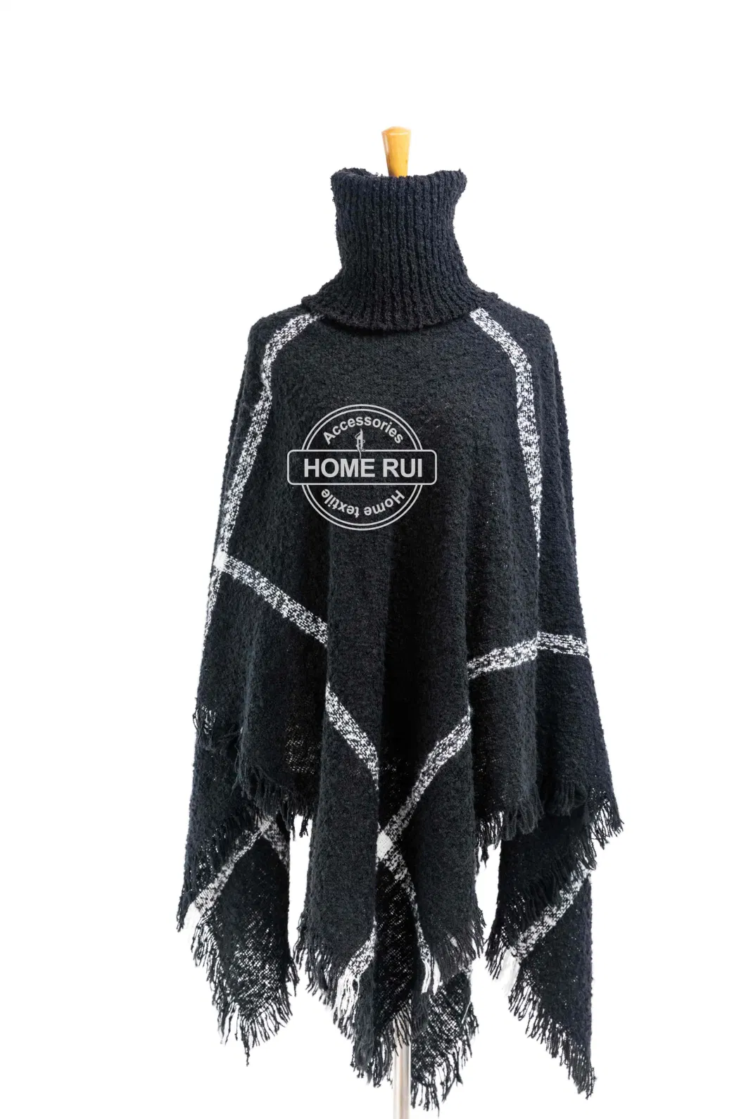 Home Rui Manufacturer Outerwear Autumn Woman Black Apparel Accessory Boucle Fringe Oversize Pullover Lattice Tartan Grids Turtleneck Shawl Cloak Poncho Cape