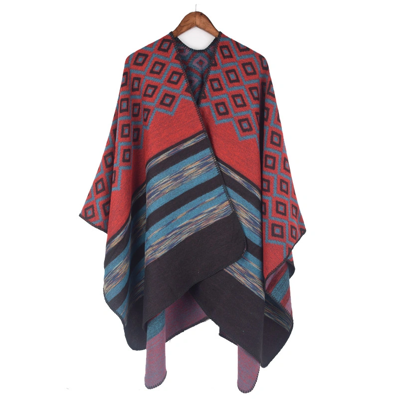 Stylish Thicken Wrap Blanket Winter Geometric Irregular Patterns Striped Split Women Shawl