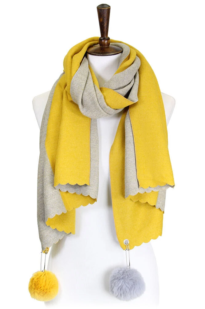 Two Sided Cashmere Feel Soft Oversized Wrap Scarf with POM POM