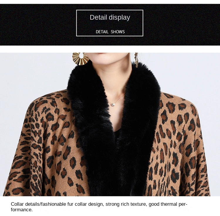 Winter Leopard Print Faux Rabbit Fur Collar Jacquard Women Poncho Shawl Cape