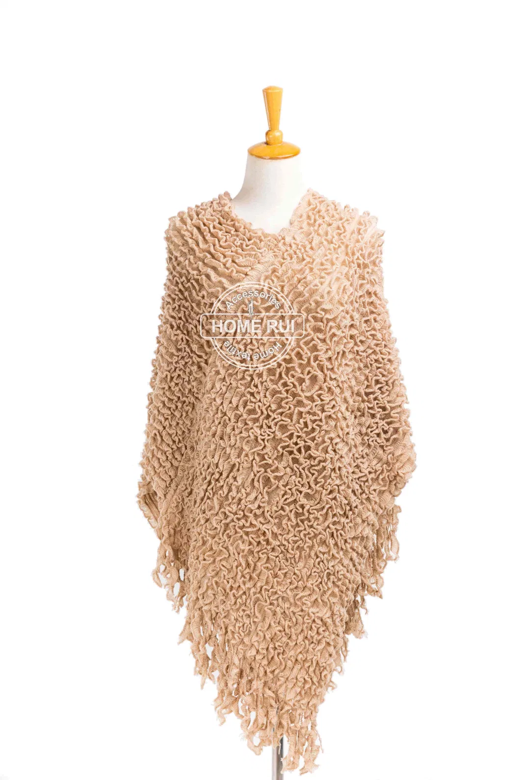 Spring Autumn Woman Lady Warm Fashion Warp Knitting Fabric Beige Camel Colour Pullover Oversize Wraps Ruffled Shawl Poncho