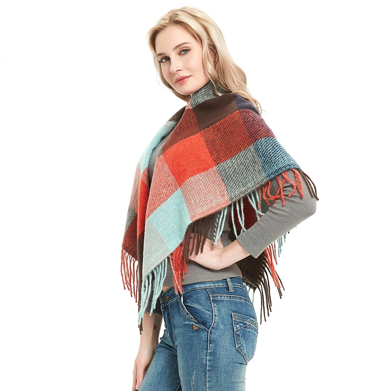 Versatile Customised Plaid Square Scarf with Tassels for Ladies