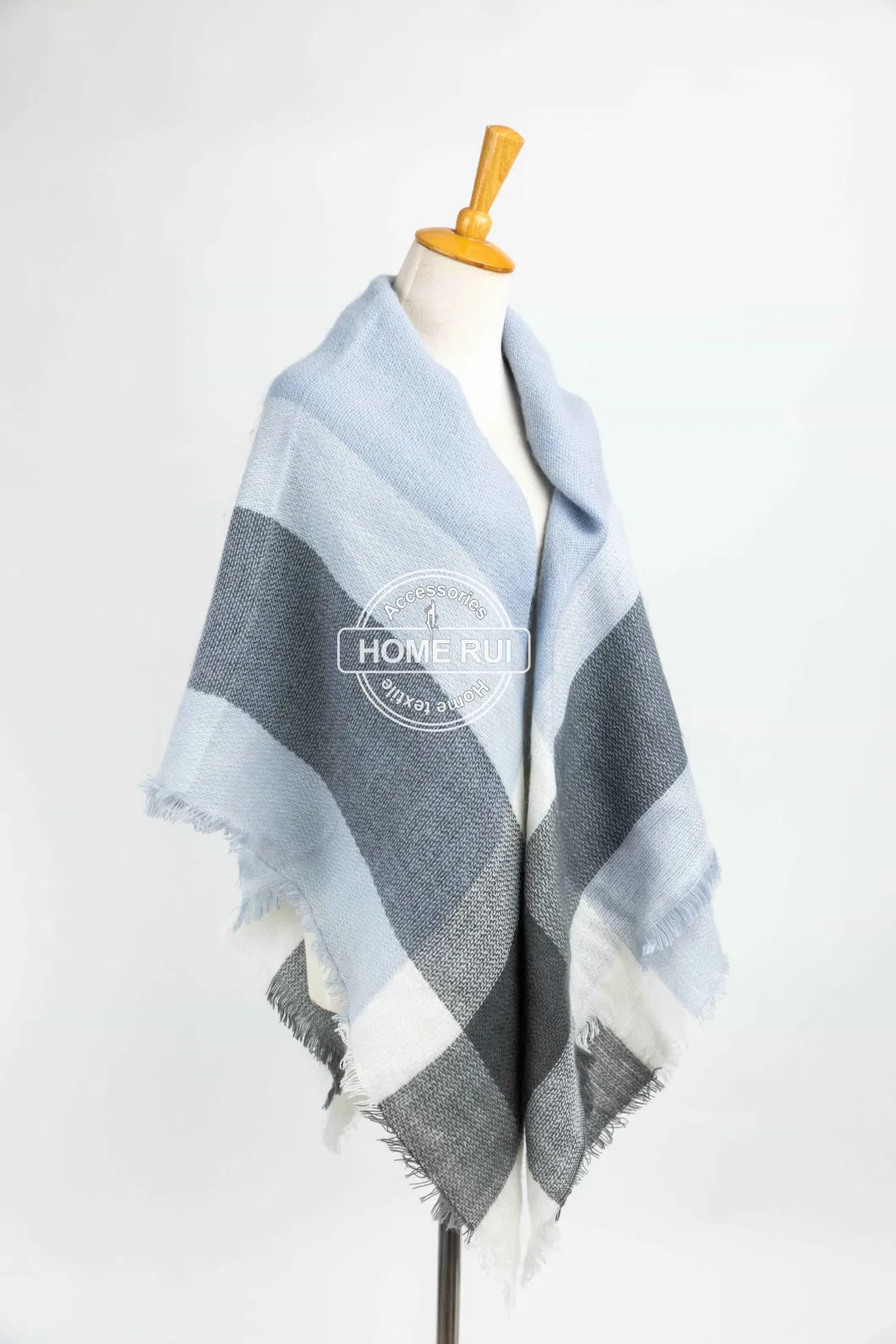 Wholesaler Outerwear Apparel Accessory Unisex Spring Winter Blue Acrylic Fringe Checks Grid Tartan Pashmina Windowpane Headwear Oversize Blanket Scarf Shawl