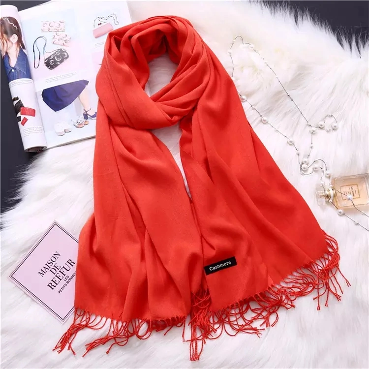 Custom Logo 200*70cm Winter Shawls Pashmina Polyester Cashmere Scarf with Tassel