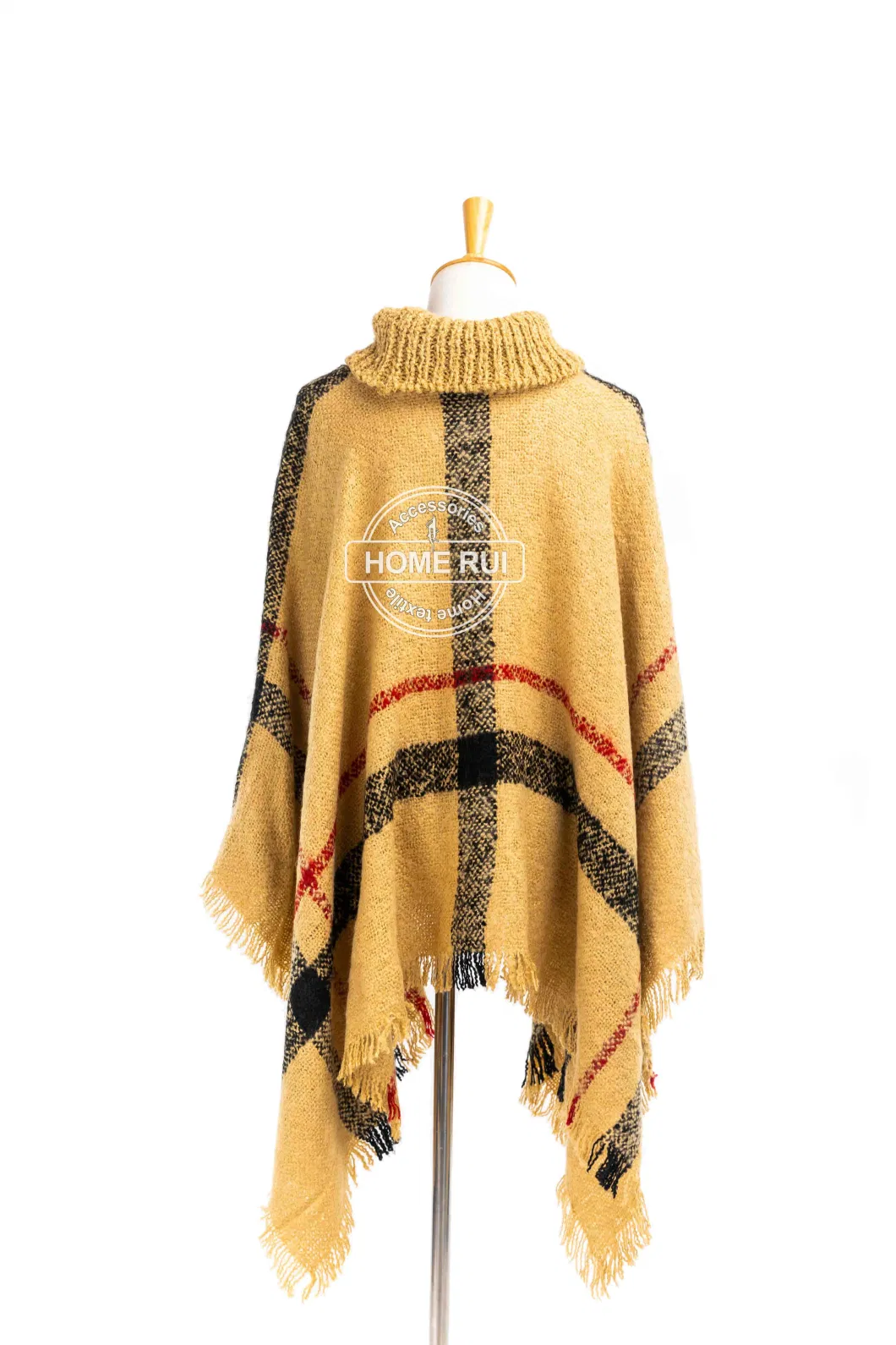 Home Rui Manufacturer Outerwear Autumn Woman Camel Apparel Accessory Boucle Fringe Oversize Pullover Lattice Tartan Grids Turtleneck Shawl Cloak Cape