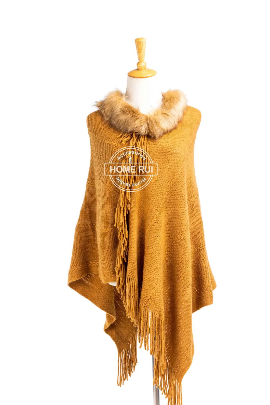 Spring Autumn Inter Woman Lady Warm Fashion Warp Knitting Mustard Acrylic Fake Fur Collar Pullover Oversize Fringe Wraps Ruffled Shawl Turtleneck Poncho