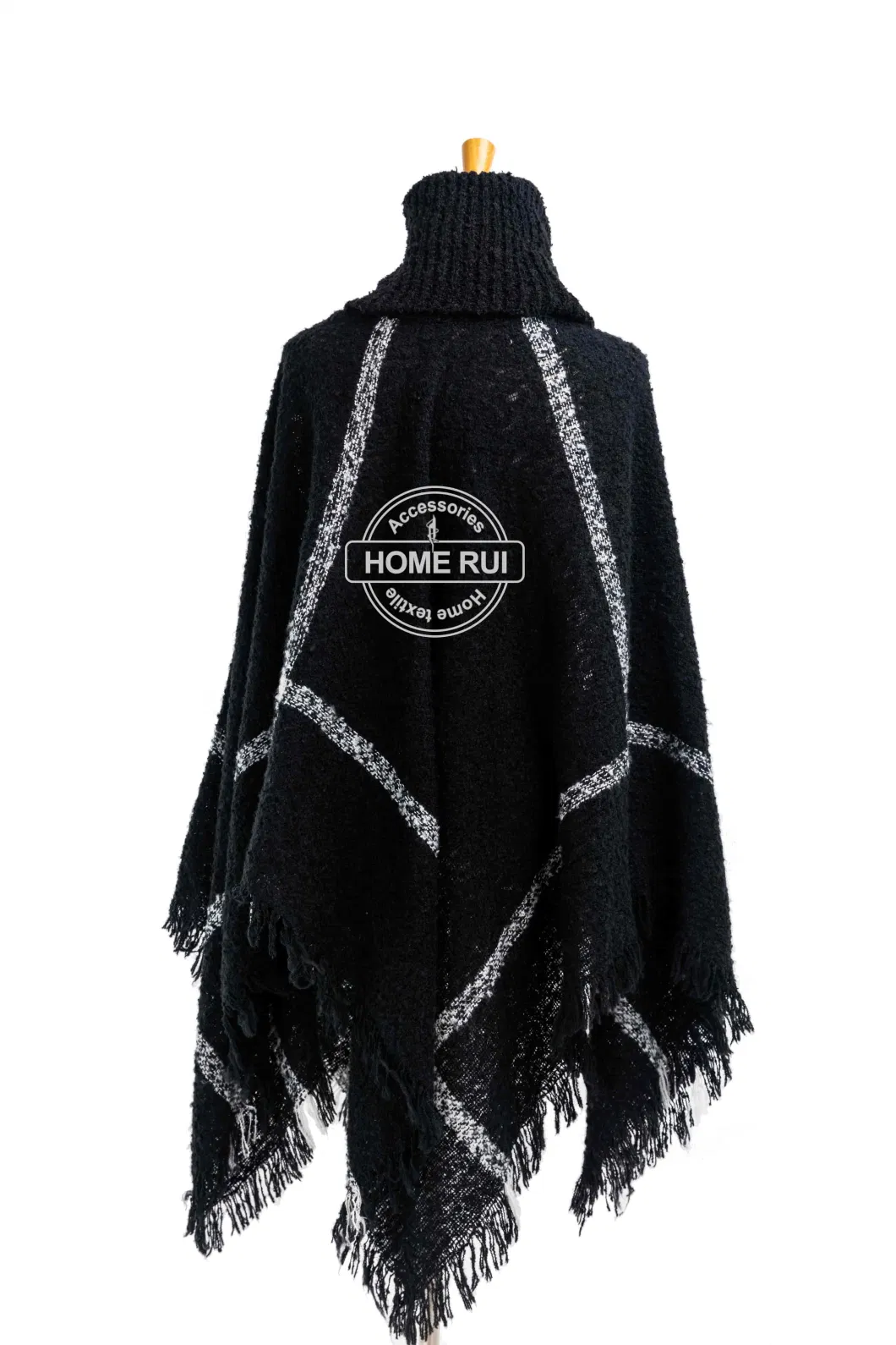 Home Rui Manufacturer Outerwear Autumn Woman Black Apparel Accessory Boucle Fringe Oversize Pullover Lattice Tartan Grids Turtleneck Shawl Cloak Poncho Cape