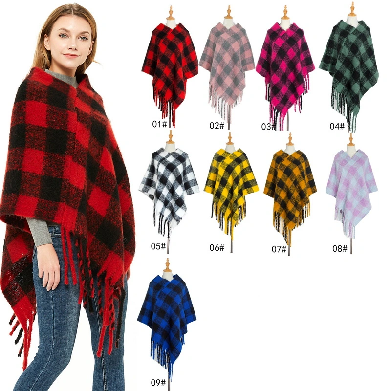 Stylish Thick Tartan Red and Black Plaid Poncho Wrap Shawl for Women