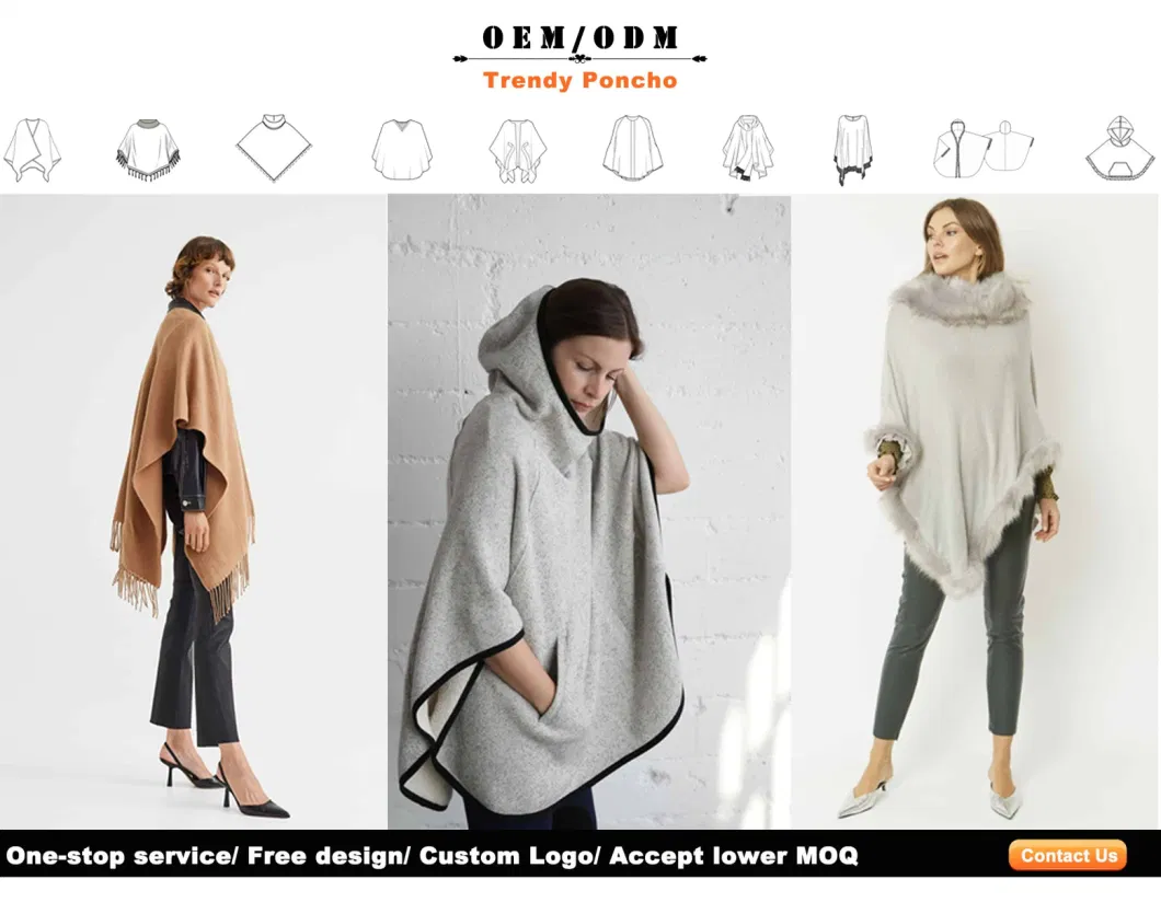 Spring Autumn Woman Lady Warm Fashion Warp Knitting Fabric Beige Camel Colour Pullover Oversize Wraps Ruffled Shawl Poncho