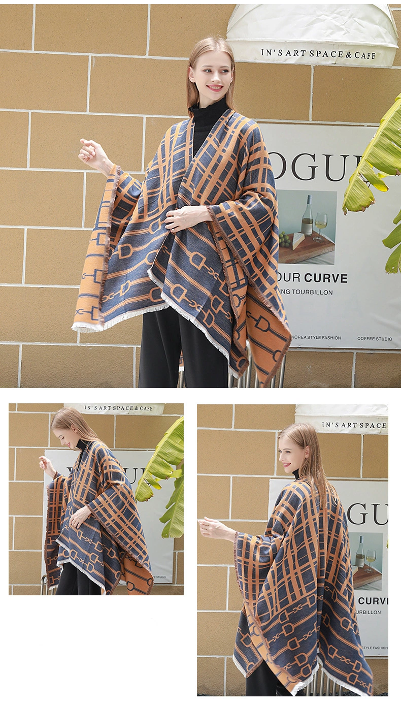 New Winter Lady Geometric Jacquard Pattern Women Cape Poncho