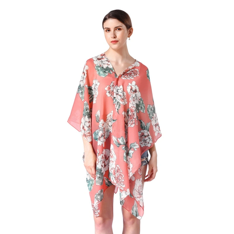 Stylish Floral Print Chiffon Poncho with Buttons for Ladies