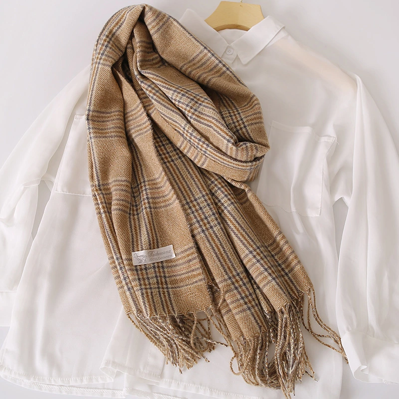 Striped Plaid Cashmere Scarf Women&prime;s New Autumn and Winter Bristle Thickened Warm Tassel Shawl Gift Scarf