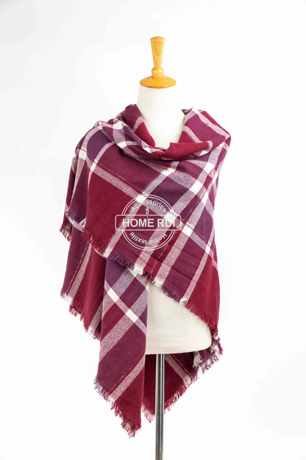 Wholesaler Outerwear Apparel Accessory Spring Winter Red Fringe Checks Grid Tartan Pashmina Windowpane Lurex Metalic Headwear Oversize Blanket Scarf Shawl