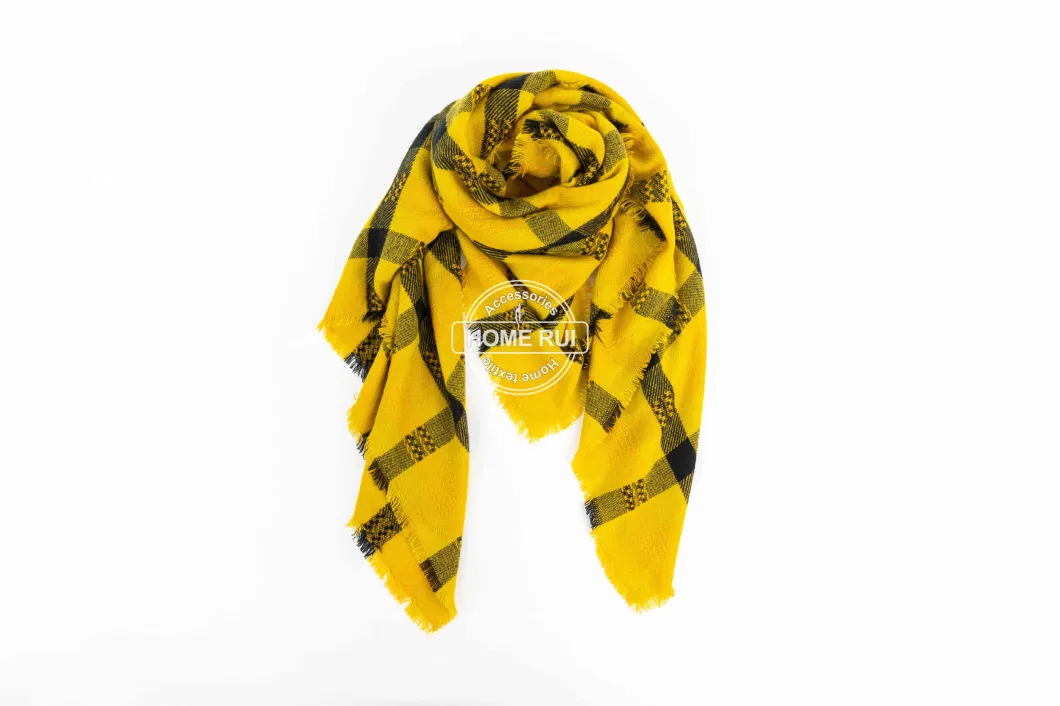 Wholesaler Outerwear Apparel Accessory Women Spring Winter Mustard Short Fringe Checks Grid Tartan Warm Pashmina Windowpane Beach Headwear Blanket Scarf Shawl