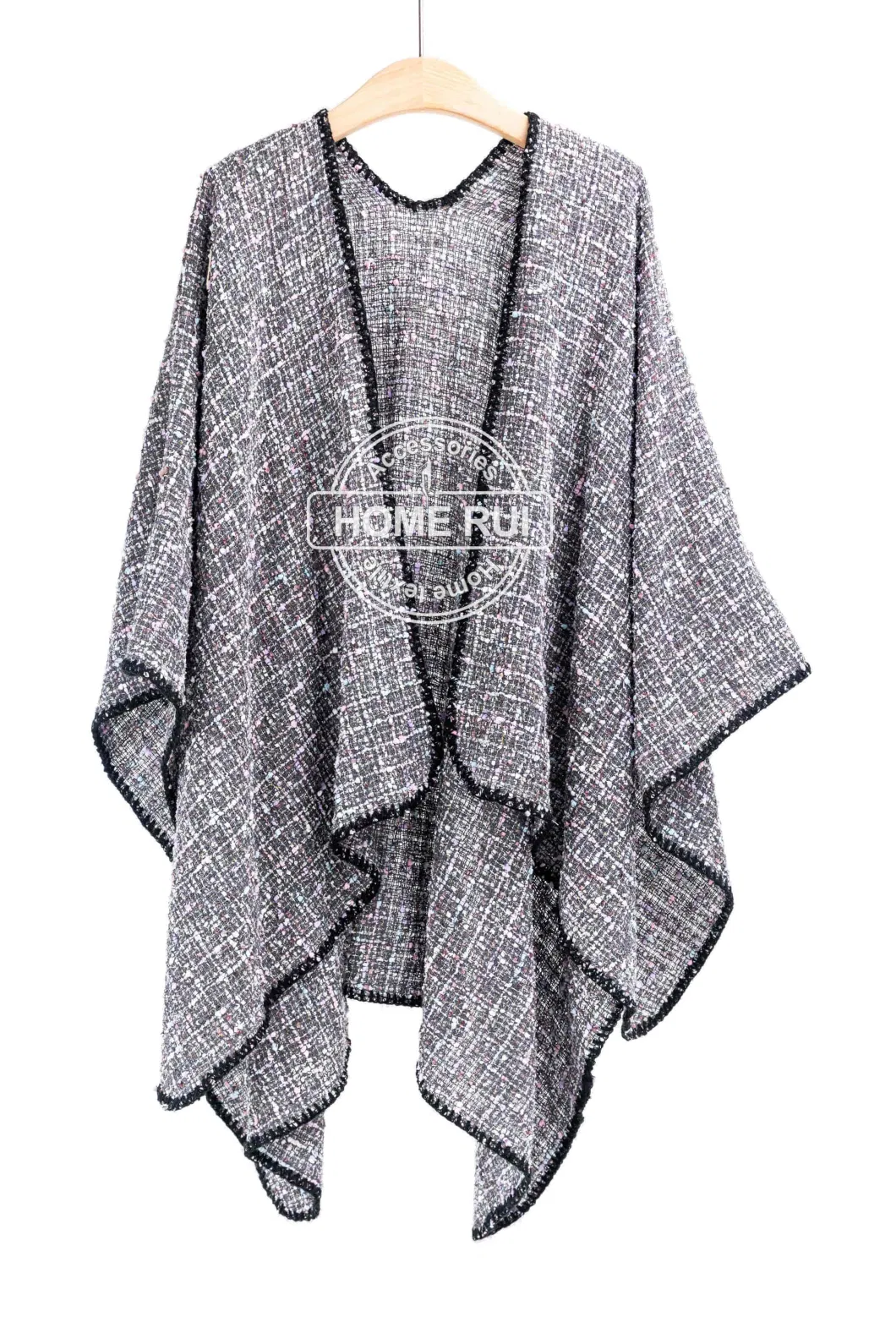 Home Rui Maufacturer Outerwear Spring Autumn Woman Apparel Accessory Boucle Cashmere Feel Tassel Wraps Small Grids Plaid Checks Cardigan Oversize Cloak Cape