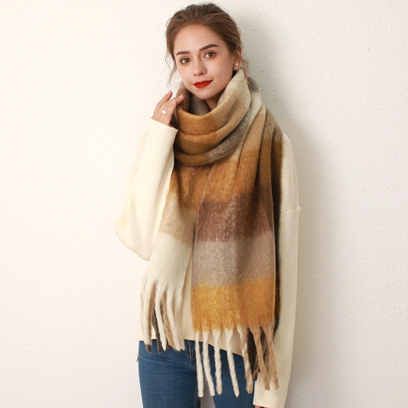 Faux Cashmere Multi-Color Striped Tassel Plaid Scarf Warm Versatile Neck Shawl Female Winter