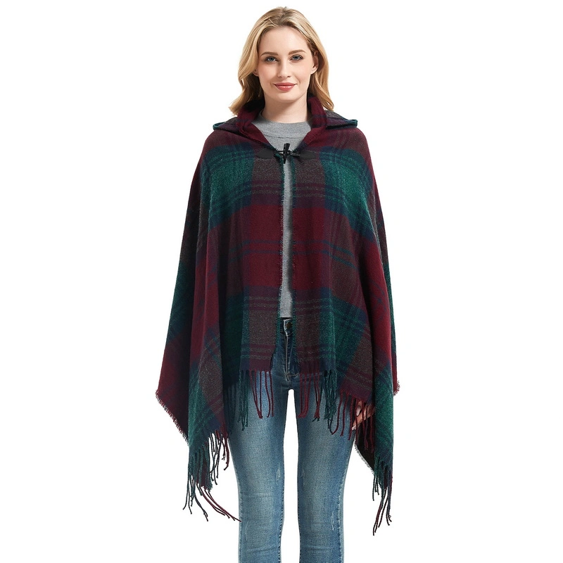 Winter Plaid Ladies Hooded Poncho Cape with Horn Button