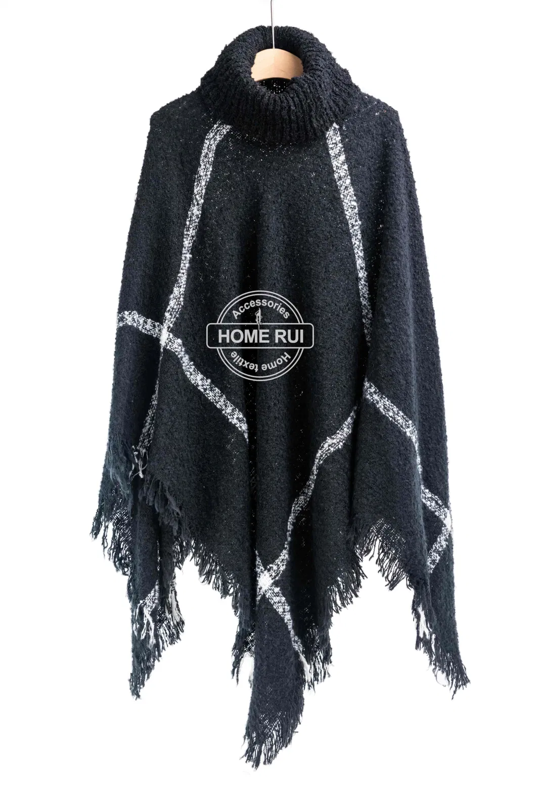 Home Rui Manufacturer Outerwear Autumn Woman Black Apparel Accessory Boucle Fringe Oversize Pullover Lattice Tartan Grids Turtleneck Shawl Cloak Poncho Cape