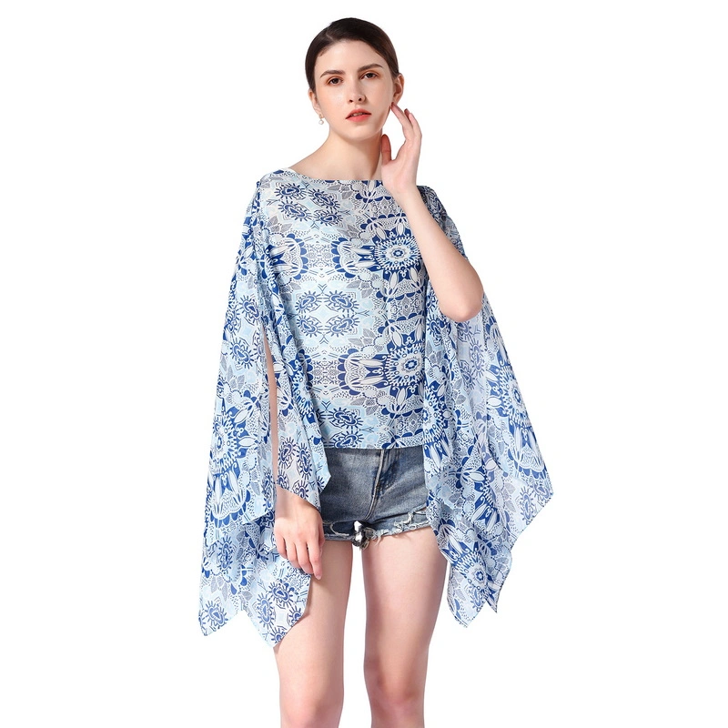 Summer Beach Lady Chiffon Shawl Wrap Poncho with Button