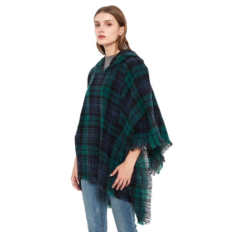 Hot Sale Grid Ladies Hooded Poncho Shawl Cape