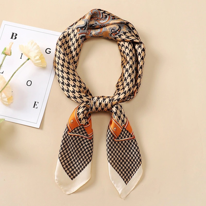 New Fashion Women Silk Square 70*70cm Houndstooth Print Twill Chiffon Satin Decorative Hair Band Lady Scarf