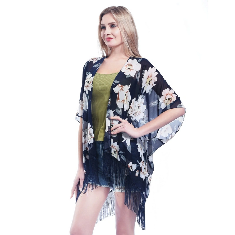 Women Beach Floral Print Chiffon Kimono Poncho with Tassel