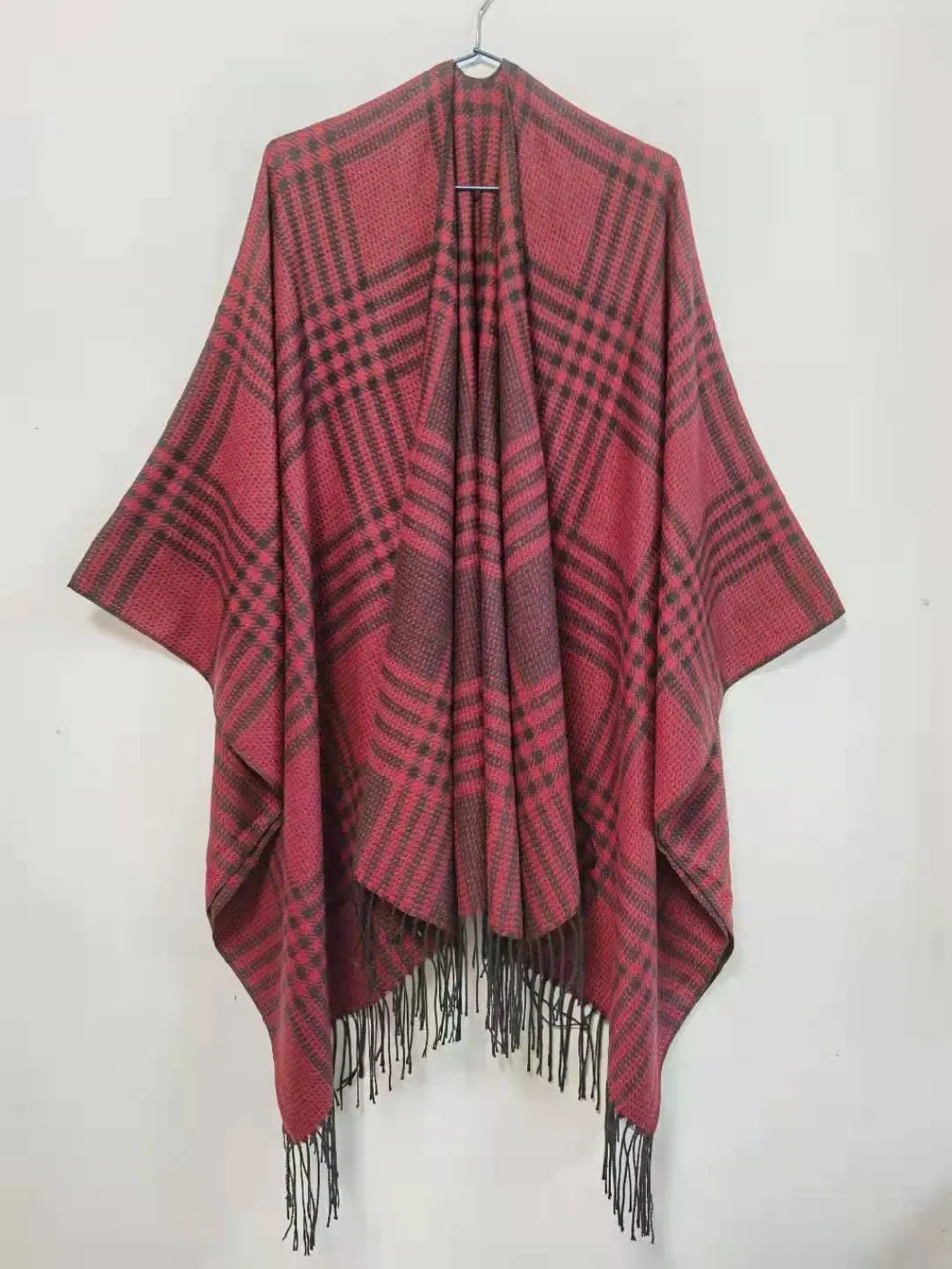 Plaid Jacquard Simple Wrap Checked Shawl Thick Poncho Fringe Tassels Women Cape