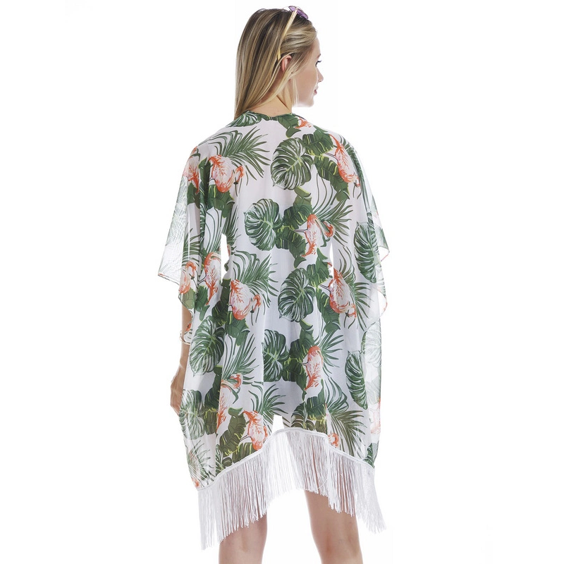 Summer Lightweight Floral Print Chiffon Kimono Poncho with Tassel