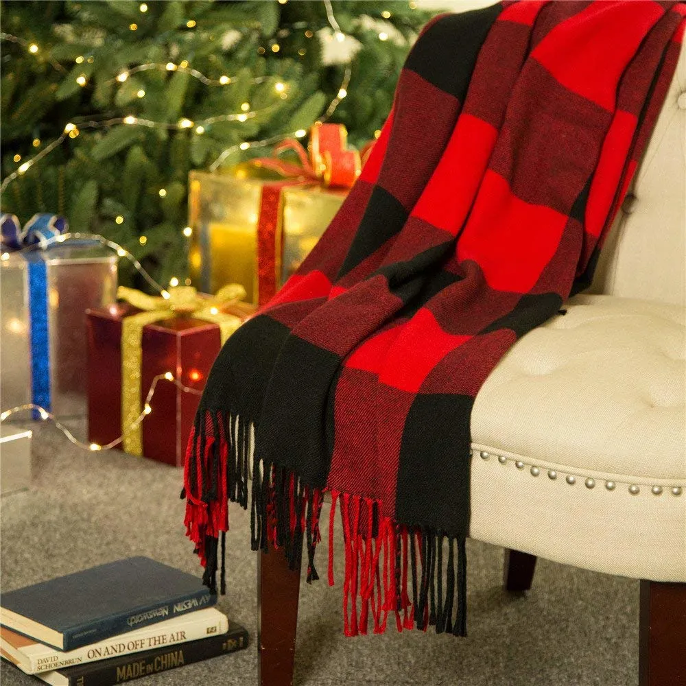 Winter Cashmere Warm Comfortable Classic Red and Black Plaid Acrylic Woven Scarf with Sleeves Wholesale