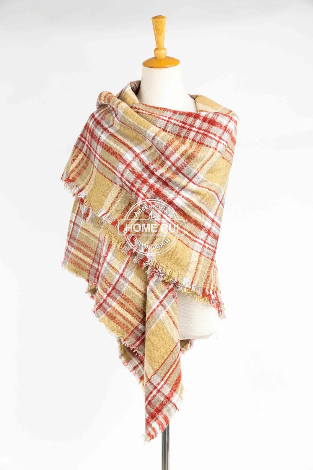 Wholesaler Outerwear Apparel Accessory Women Spring Winter Camel Short Fringe Checks Grid Tartan Warm Pashmina Windowpane Beach Headwear Blanket Scarf Shawl