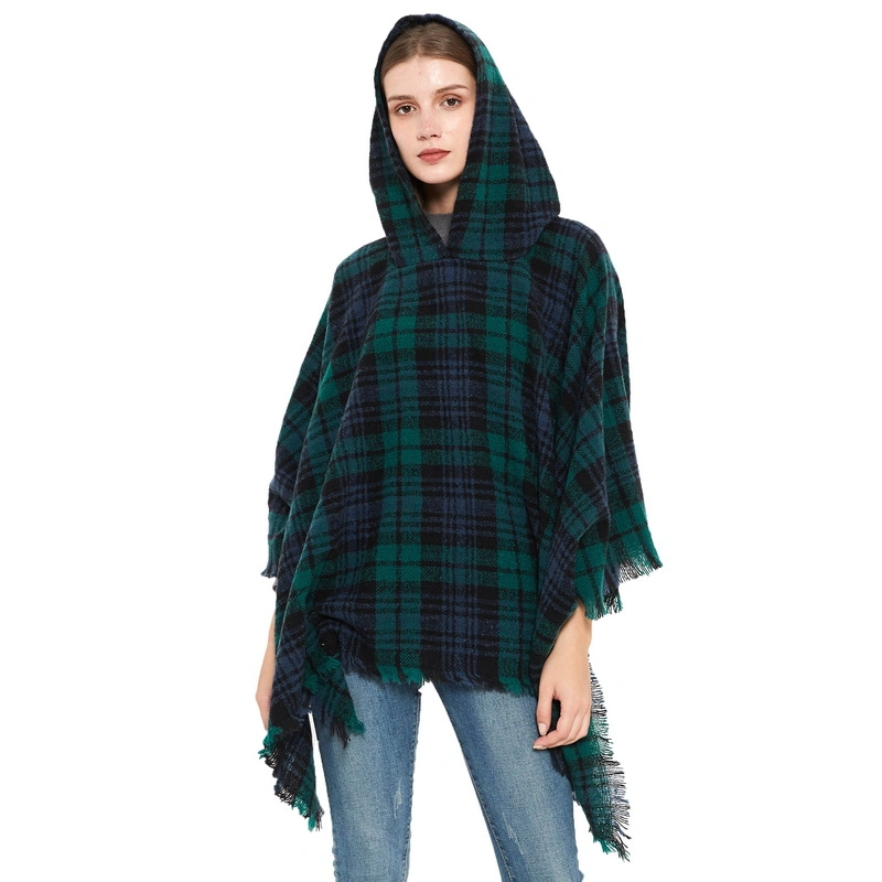 Hot Sale Grid Ladies Hooded Poncho Shawl Cape