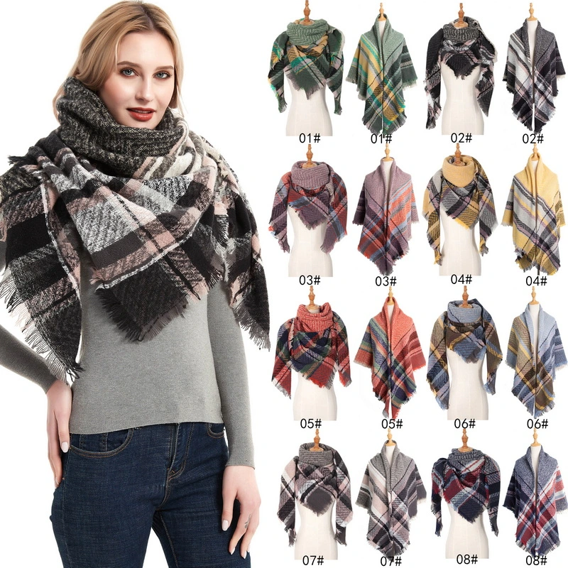 Soft Tartan Plaid Square Scarf with Fringe for Women