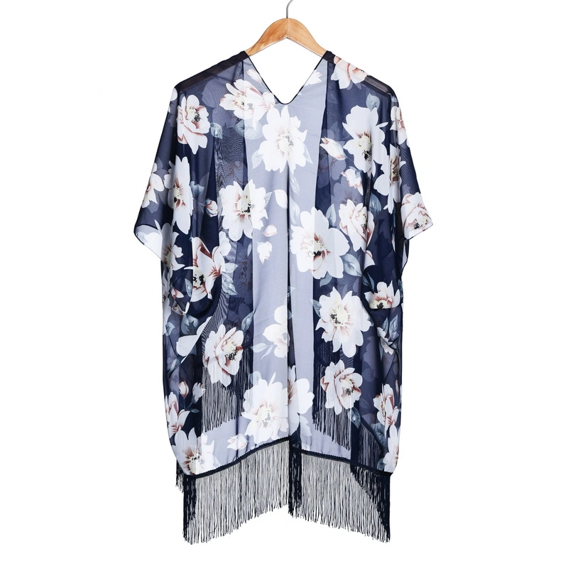 Women Beach Floral Print Chiffon Kimono Poncho with Tassel