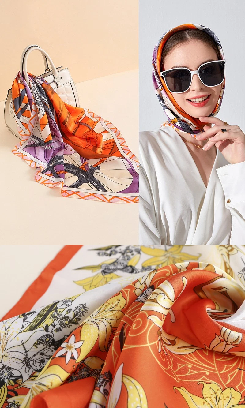 Customized Stylish Square Scarves Square Polyester Silk Satin Designer Head Scarf for Women