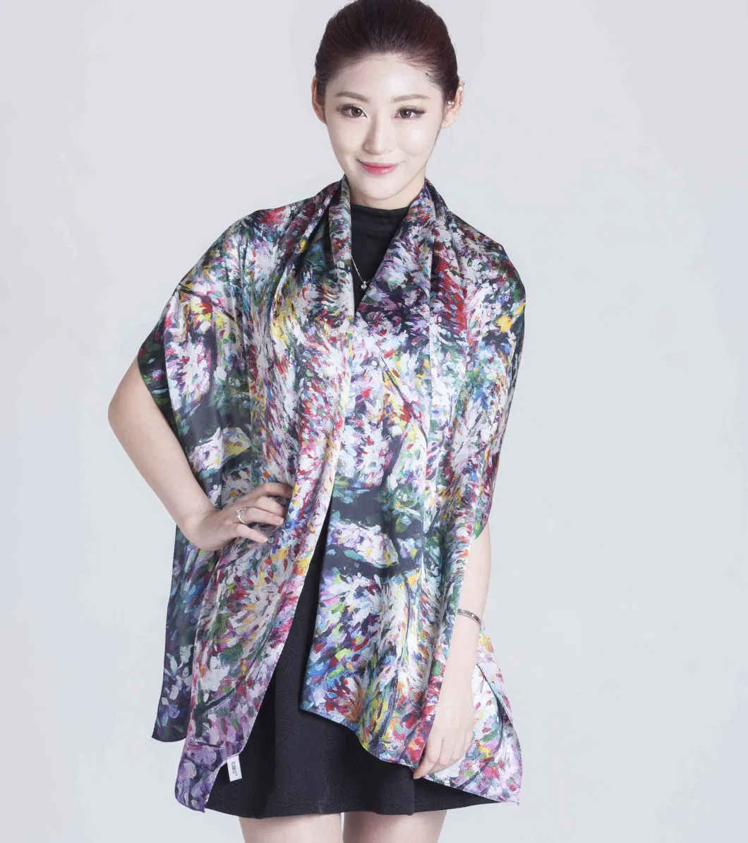 Digital Printed 100% Silk Satin Custom Long Scarf Shawl for Lady