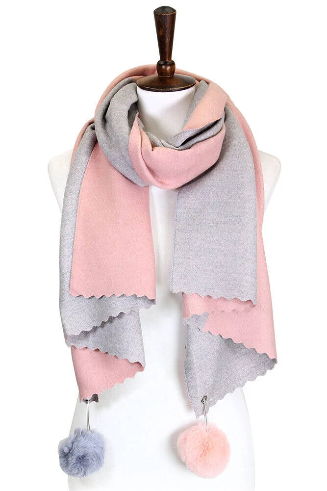 Two Sided Cashmere Feel Soft Oversized Wrap Scarf with POM POM