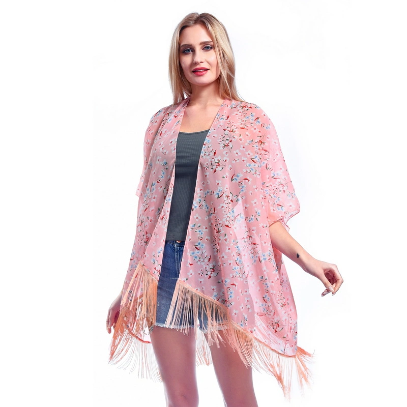 Lady Fashion Summer Sheer Poncho Cape Shawl with Tassel