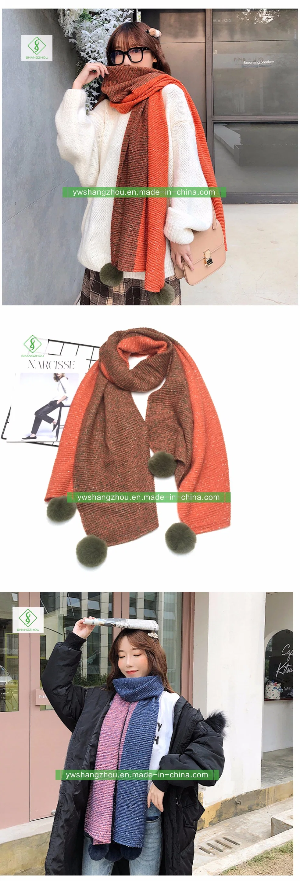 Contrast-Color Cashmere Scarf with Wool Ball Warm Fashion Soft Lady Shawl