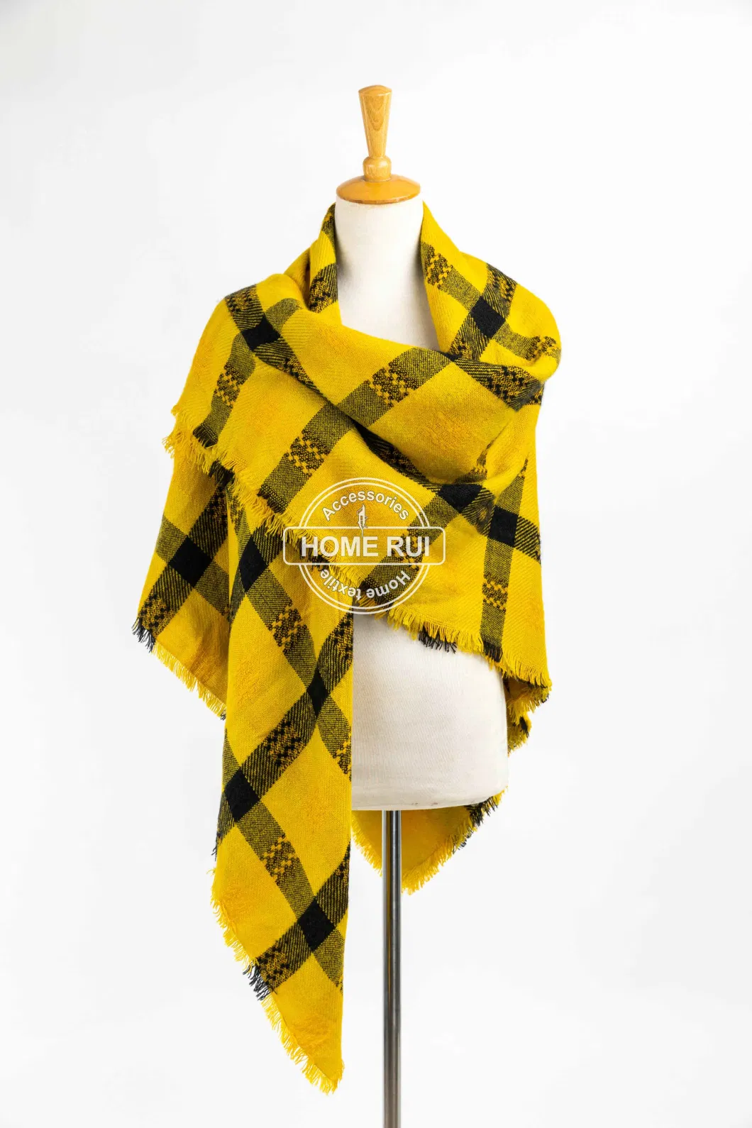 Wholesaler Outerwear Apparel Accessory Women Spring Winter Mustard Short Fringe Checks Grid Tartan Warm Pashmina Windowpane Beach Headwear Blanket Scarf Shawl