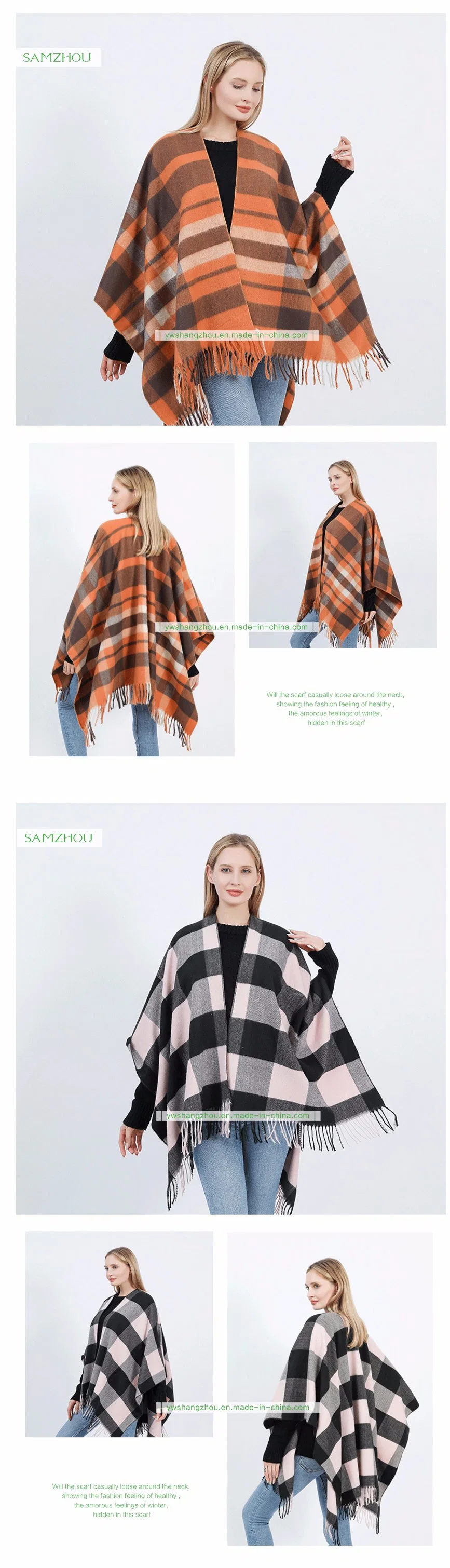 Western Plaid Cape Fashion Scarf Lady Cashmere Slit Shawl Winter