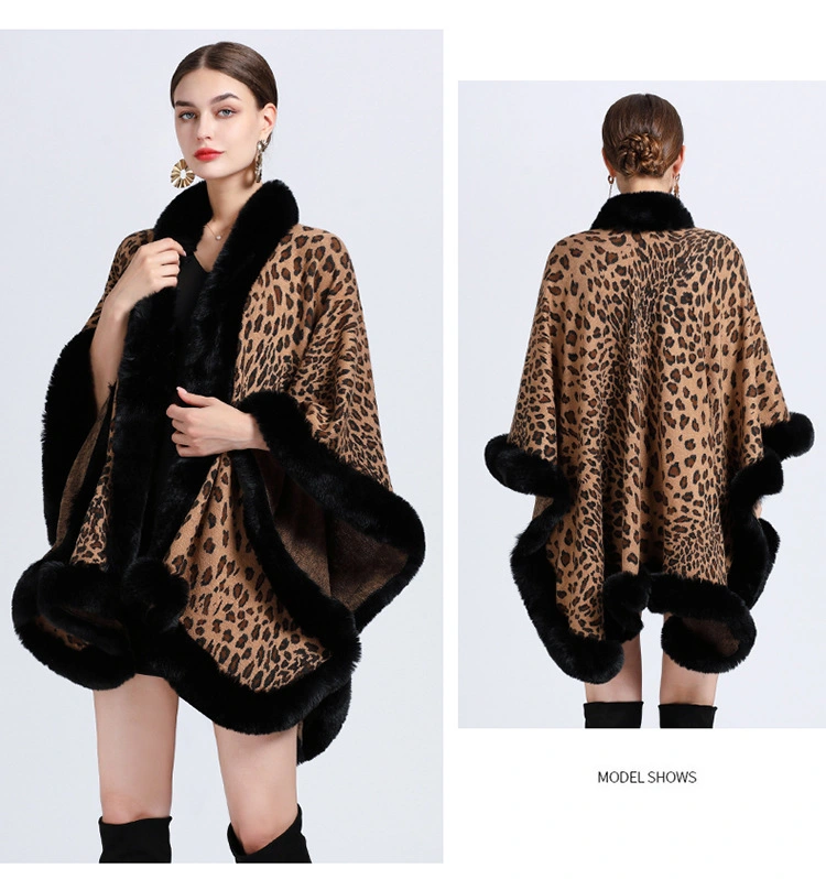 Winter Leopard Print Faux Rabbit Fur Collar Jacquard Women Poncho Shawl Cape