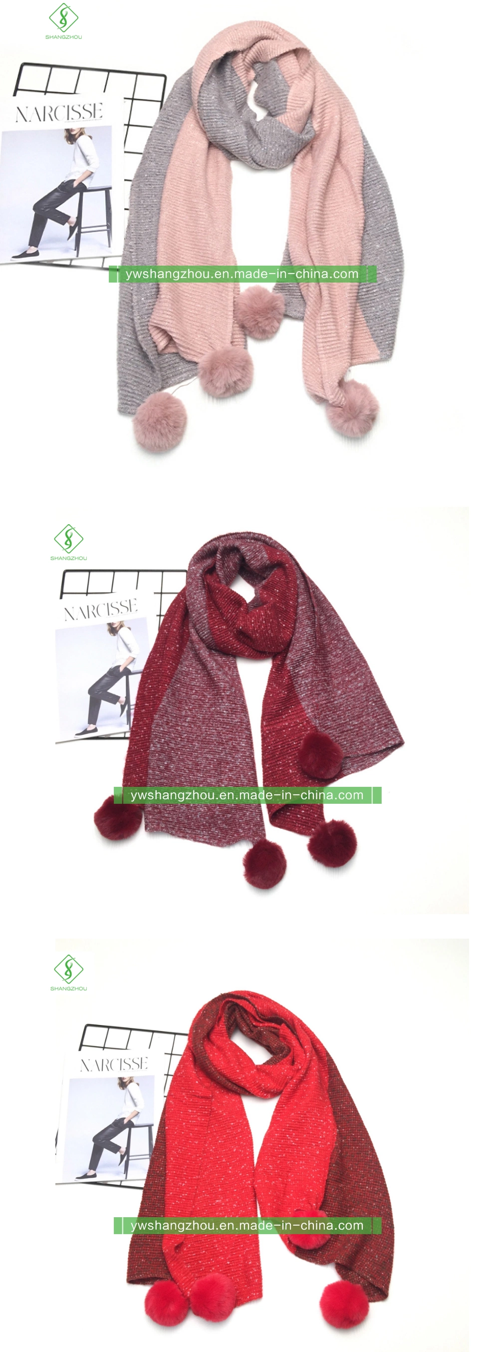 Contrast-Color Cashmere Scarf with Wool Ball Warm Fashion Soft Lady Shawl