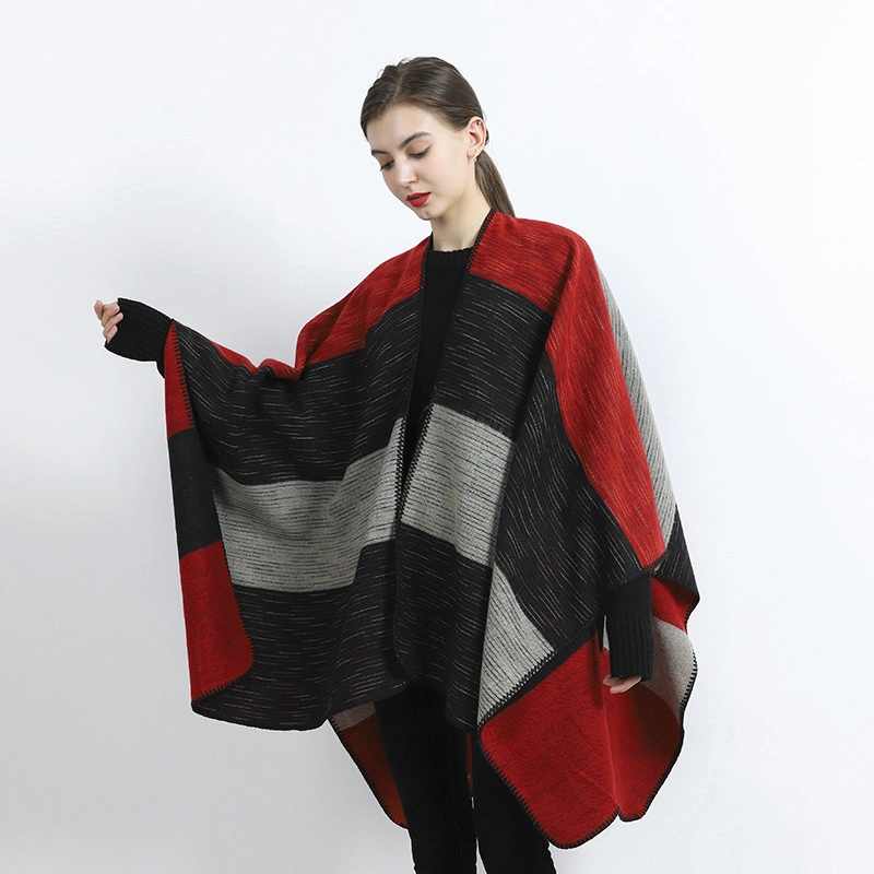 Oversized Thick Warm Striped Scarves Knit Shawl Cape Cardigan Shawl Women Poncho